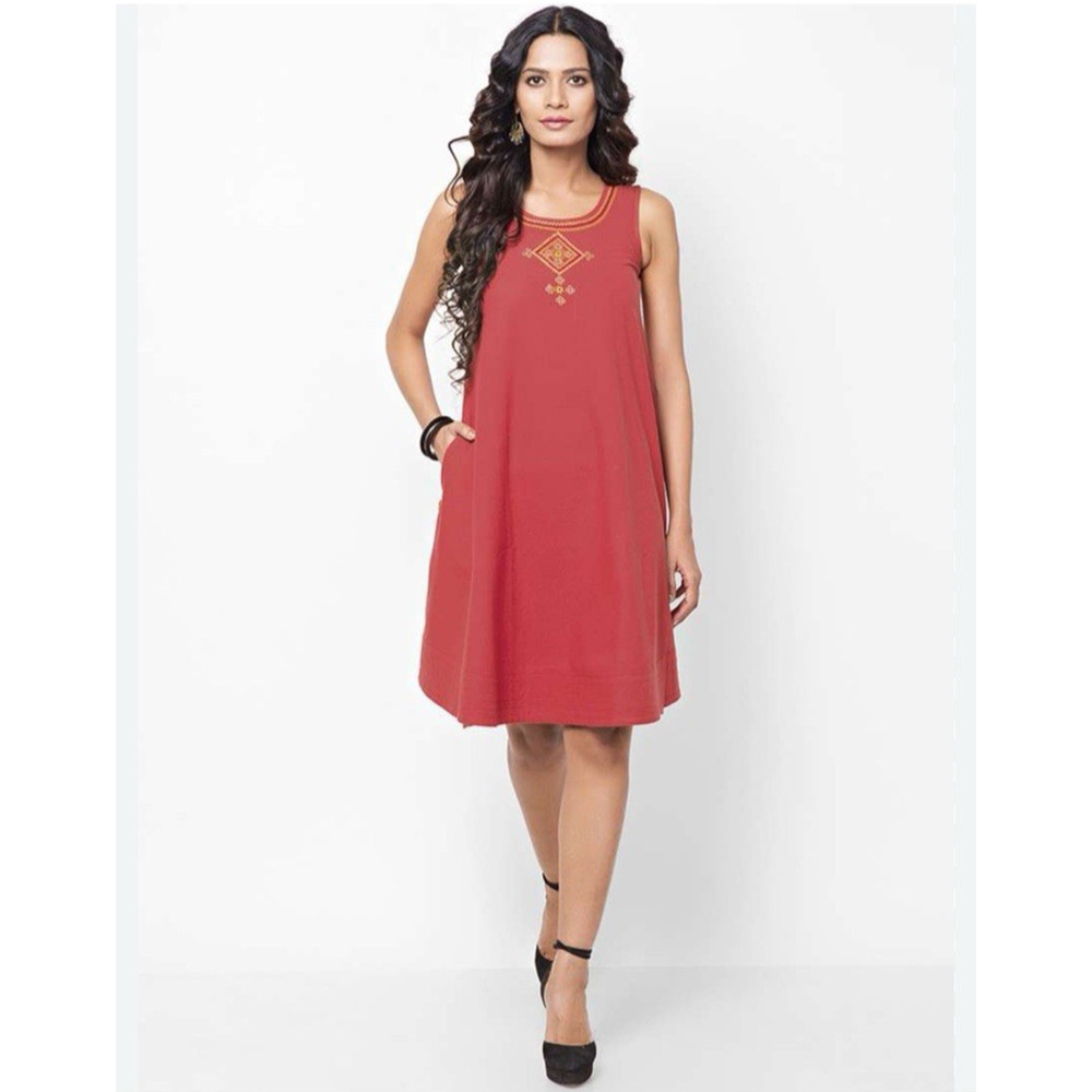 Fabindia Dress Womens Medium Red Embroidered A-Line Dress Cotton Pocket Lined‎